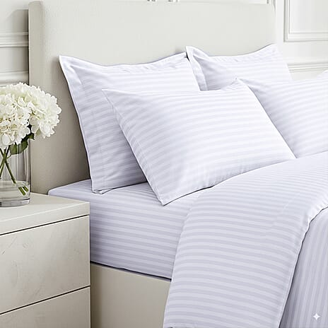 6 Piece Striped Cotton Duvet Cover Set - Includes 4 Pillowcases, 1 Fitted Sheet - 1 Duvet Cover (King) - Cream