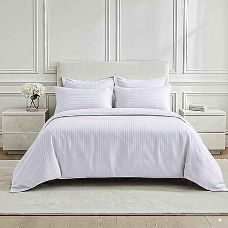 6 Piece Striped Cotton Duvet Cover Set - Includes 4 Pillowcases, 1 Fitted Sheet - 1 Duvet Cover (King) - Cream