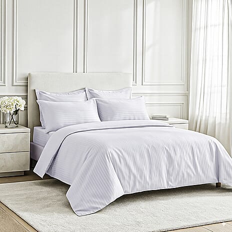 6 Piece Striped Cotton Duvet Cover Set - Includes 4 Pillowcases, 1 Fitted Sheet - 1 Duvet Cover (King) - Cream
