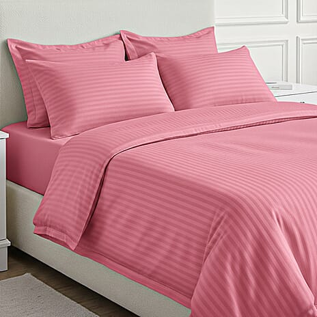 6 Piece Striped Cotton Duvet Cover Set - Includes 4 Pillowcases, 1 Fitted Sheet - 1 Duet Cover (King) - Pink