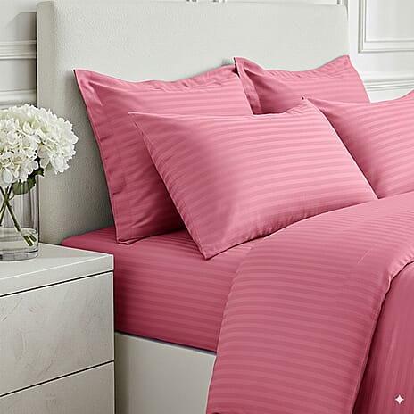 6 Piece Striped Cotton Duvet Cover Set - Includes 4 Pillowcases, 1 Fitted Sheet - 1 Duet Cover (King) - Pink