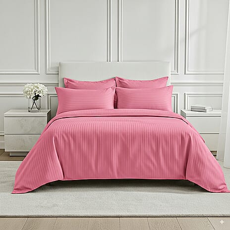 6 Piece Striped Cotton Duvet Cover Set - Includes 4 Pillowcases, 1 Fitted Sheet - 1 Duet Cover (King) - Pink