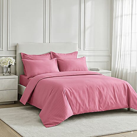 6 Piece Striped Cotton Duvet Cover Set - Includes 4 Pillowcases, 1 Fitted Sheet - 1 Duet Cover (King) - Pink