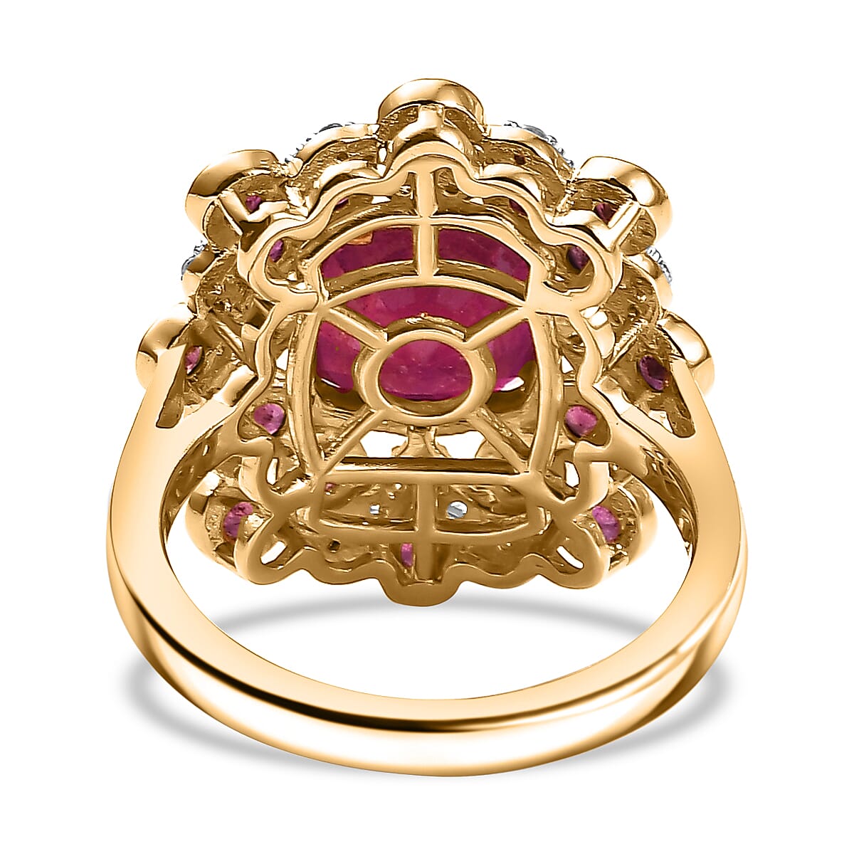African Ruby & White Zircon Ring in 18K Vermeil Yellow Gold Plated Sterling Silver 5.94 Ct.