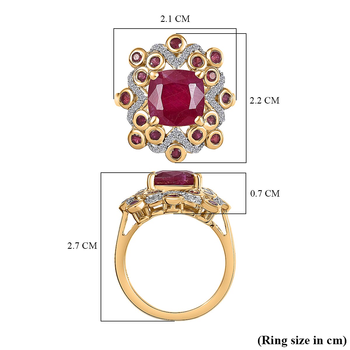 African Ruby & White Zircon Ring in 18K Vermeil Yellow Gold Plated Sterling Silver 5.94 Ct.