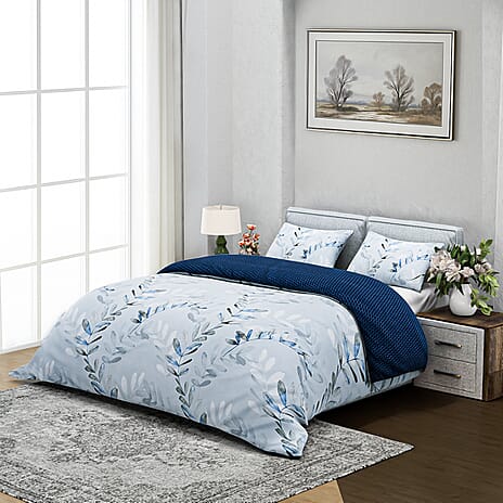 Boutique Bedding Collection 3 Piece Set - Floral Printed Duvet Cover With 2 Pillowcases (Size - Double) - Blue & White