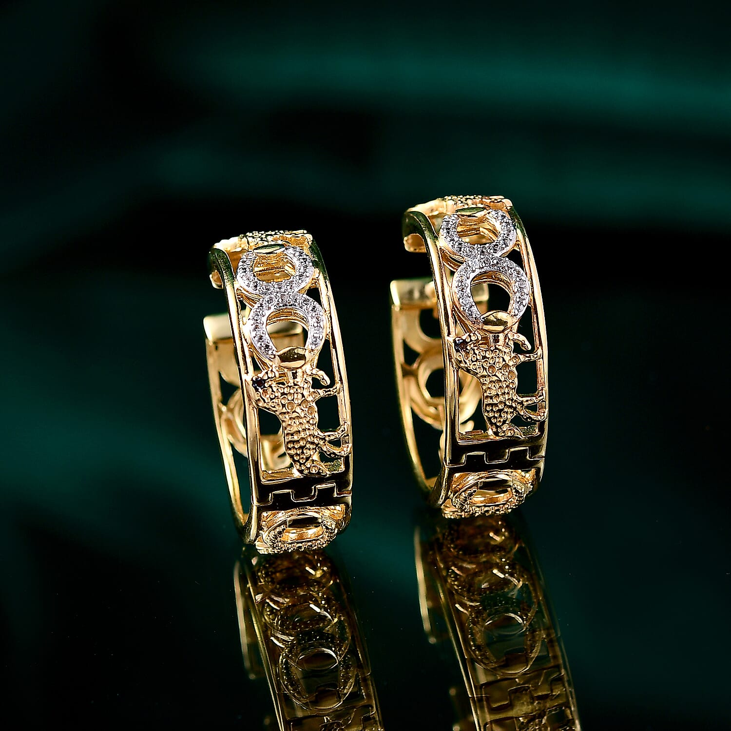 GP Trionfo Collection - White Zircon & Blue Sapphire Hoop Earrings in 18K Vermeil Yellow Gold Plated Sterling Silver 1.07 Ct.