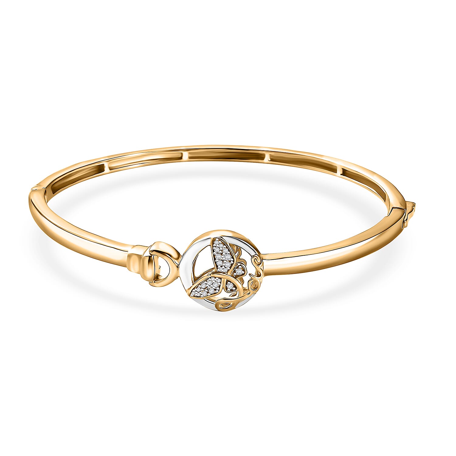 GP Italian Garden Collection - White Zircon, Blue Sapphire Bangle (Size - 7.5) in 18K Vermeil Yellow Gold Plated & Rhodium Overlay Sterling Silver