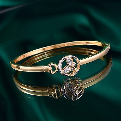 GP Italian Garden Collection - White Zircon, Blue Sapphire Bangle (Size - 7.5) in 18K Vermeil Yellow Gold Plated & Rhodium Overlay Sterling Silver