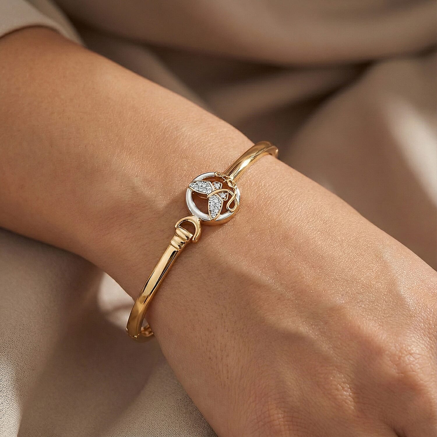 GP Italian Garden Collection - White Zircon, Blue Sapphire Bangle (Size - 7.5) in 18K Vermeil Yellow Gold Plated & Rhodium Overlay Sterling Silver