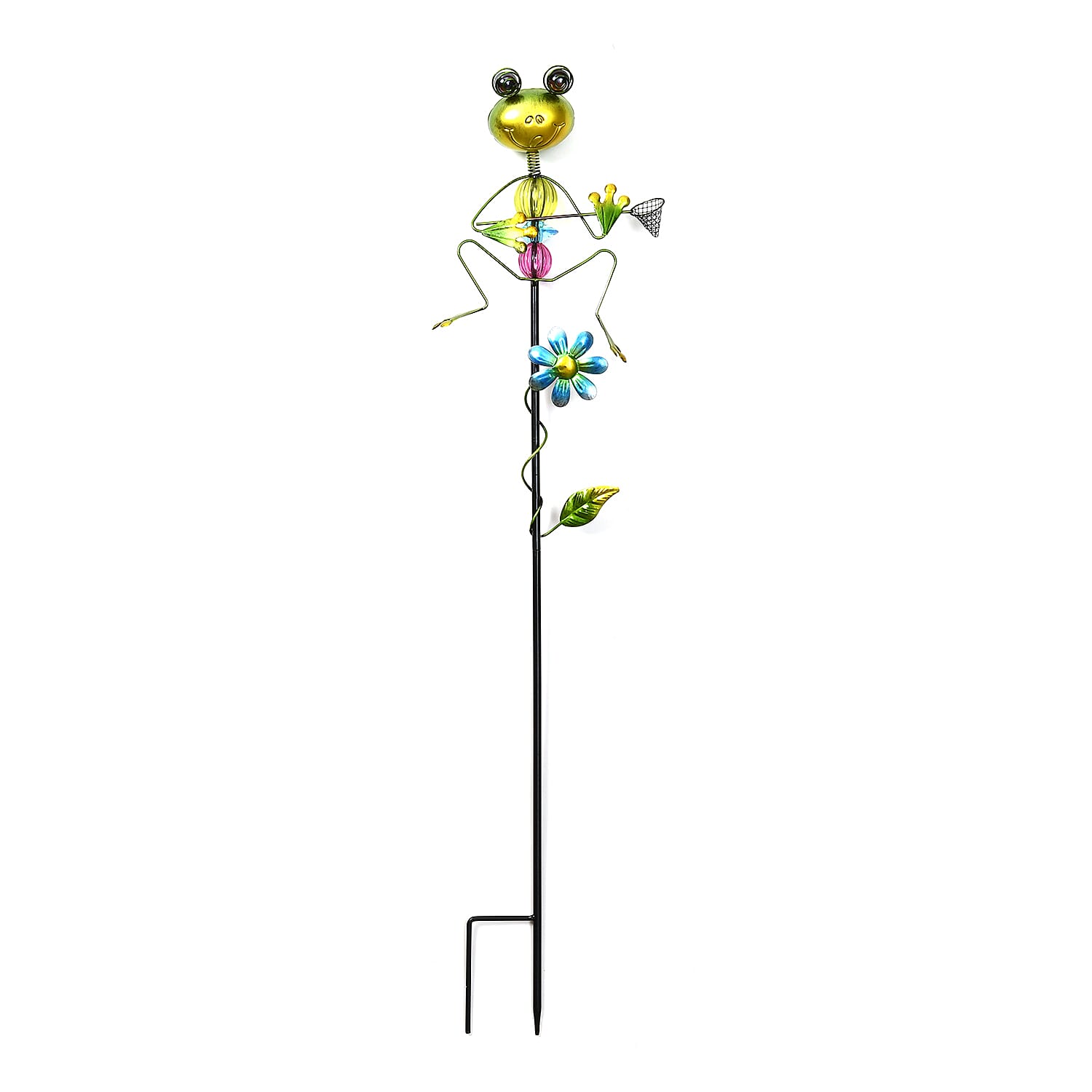 Whimsical Green Frog with Blue Rush-Up Garden Stake Decoration