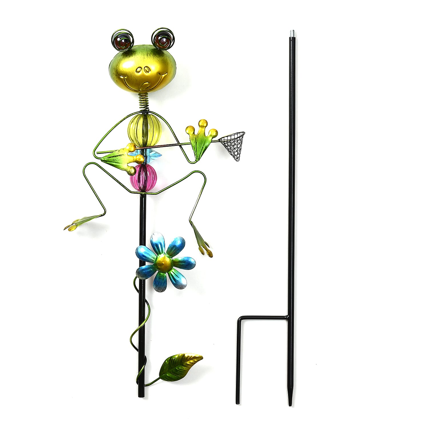 Whimsical Green Frog with Blue Rush-Up Garden Stake Decoration