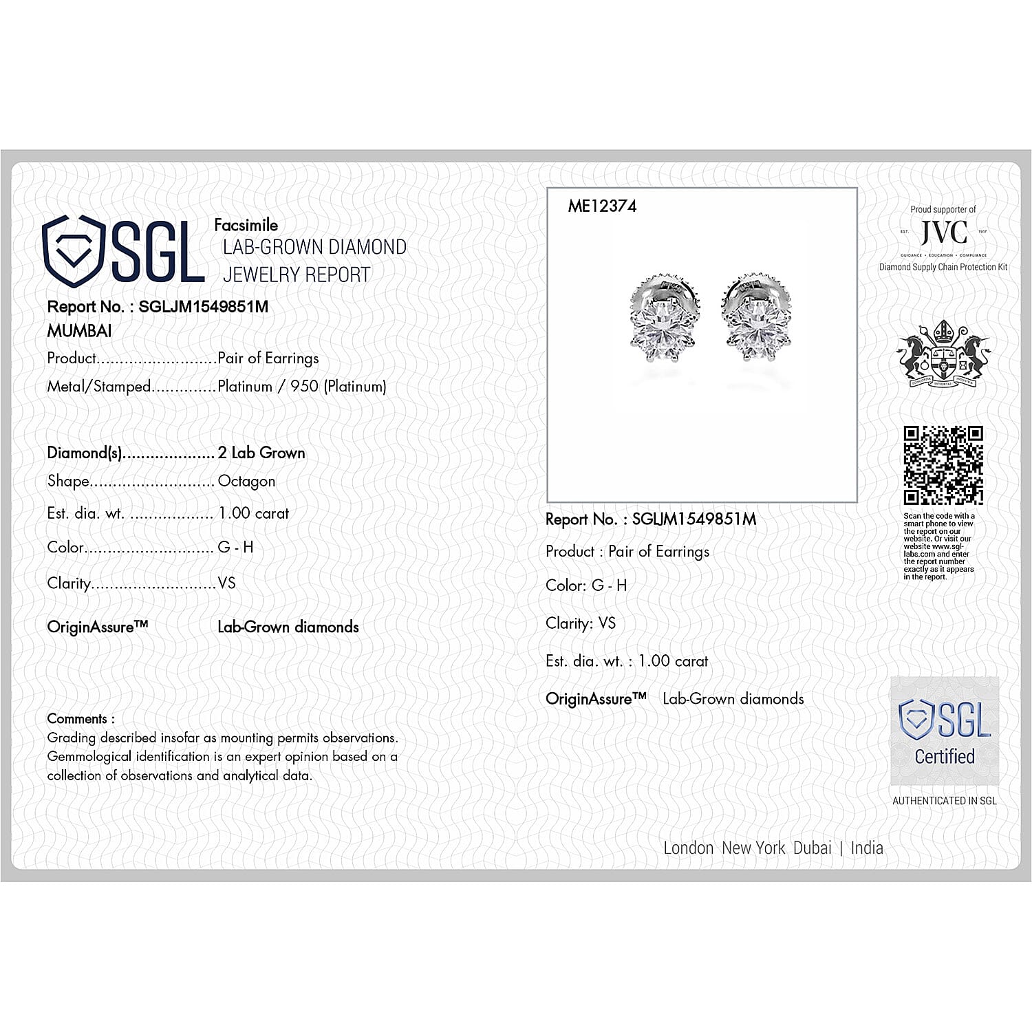 Luxuriant Diamond 950 Platinum SGL Certified (VS-G-H) Lab Grown Diamond Earring with Screw Back 1.02 Ct.