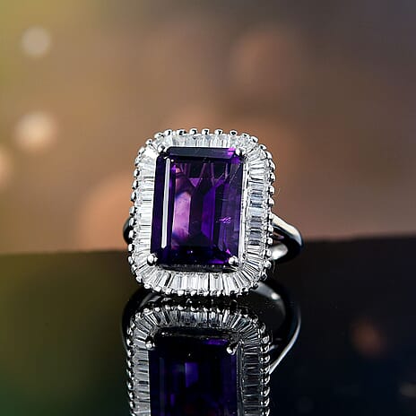 Natural AAA Moroccan Amethyst & Moissanite Ring in Rhodium Overlay Sterling Silver 8.49 Ct.