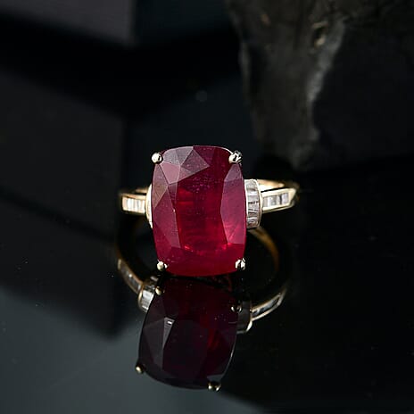 9K Yellow Gold AAA African Ruby & White Diamond Ring 10.33 Ct.