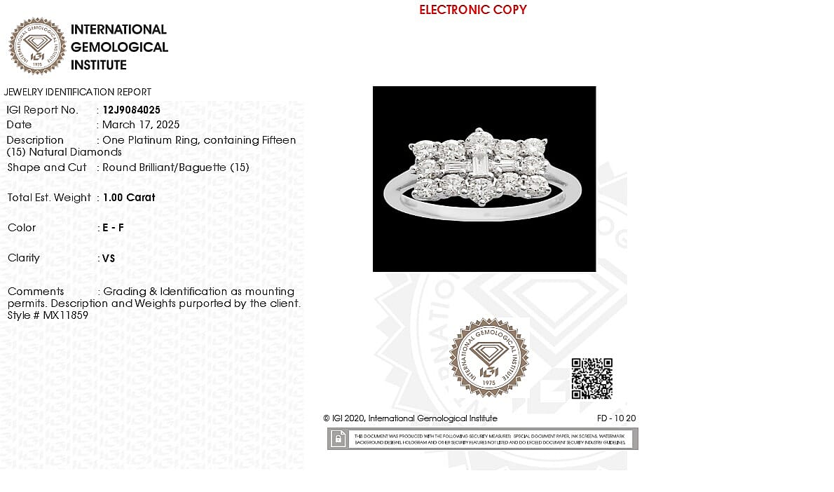 Rhapsody - IGI Certified 950 Platinum (VS E-F) White Diamond Boat Ring 1.00 Ct, Platinum Wt. 4.20 Gms. Rhapsody - IGI Certified 950 Platinum (VS E-F) White Diamond Boat Ring 1.00 Ct, Platinum Wt. 4.20 Gms.