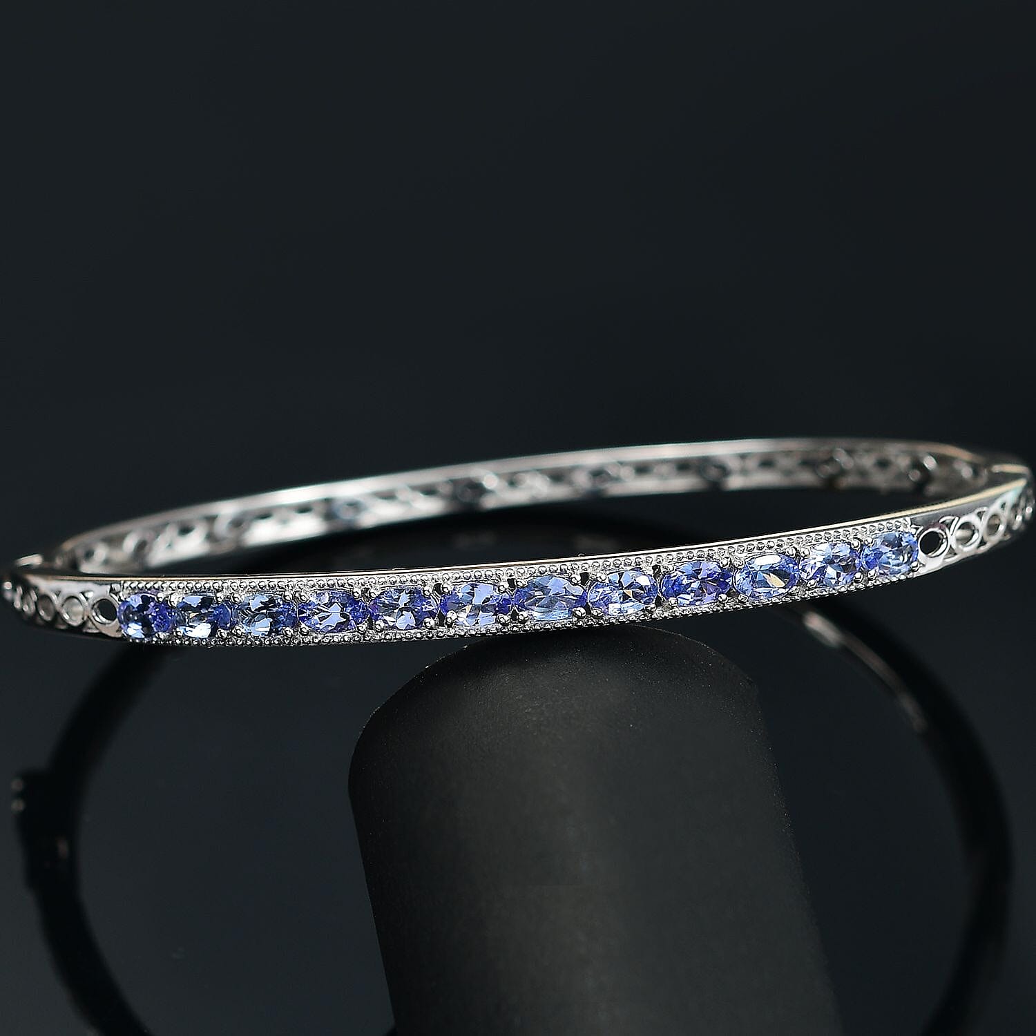 Tanzanite Full Bangle (Size 7.5) in Rhodium Overlay Sterling Silver Silver Wt. 12.35 Gms.