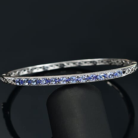 Tanzanite Full Bangle (Size 7.5) in Rhodium Overlay Sterling Silver 2.80 Ct, Silver Wt.12.35 Gms.