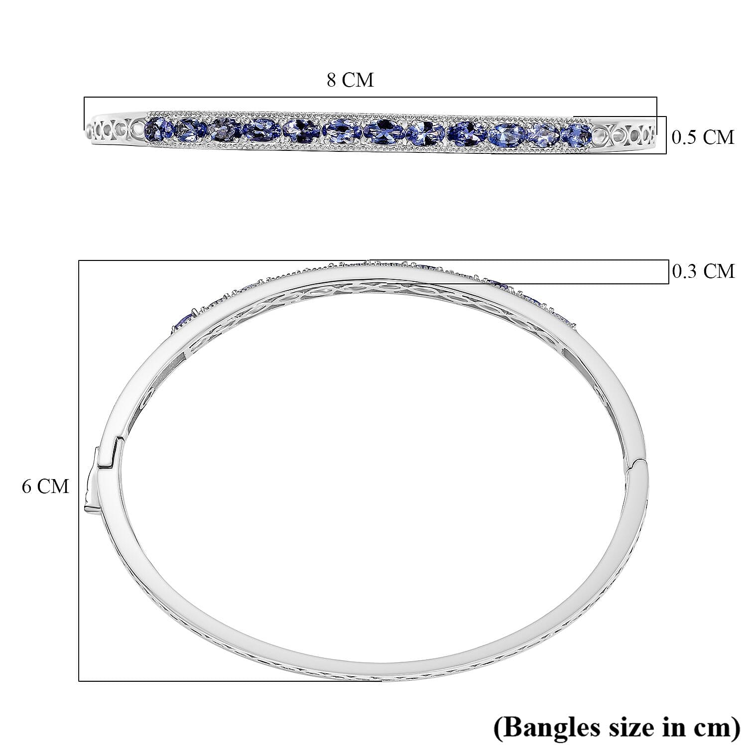 Tanzanite Full Bangle (Size 7.5) in Rhodium Overlay Sterling Silver Silver Wt. 12.35 Gms.