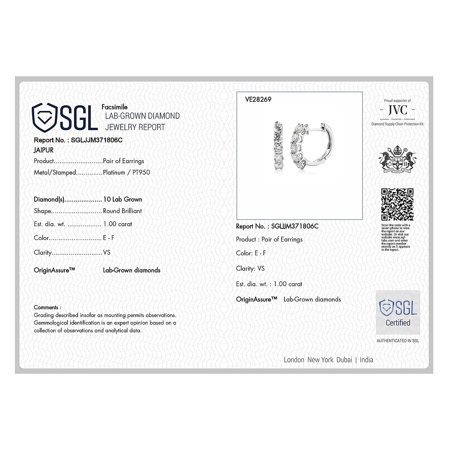 Luxuriant 950 Platinum SGL Certified (VS-EF) Lab Grown Diamond Hoop Earring 1.08 Ct.