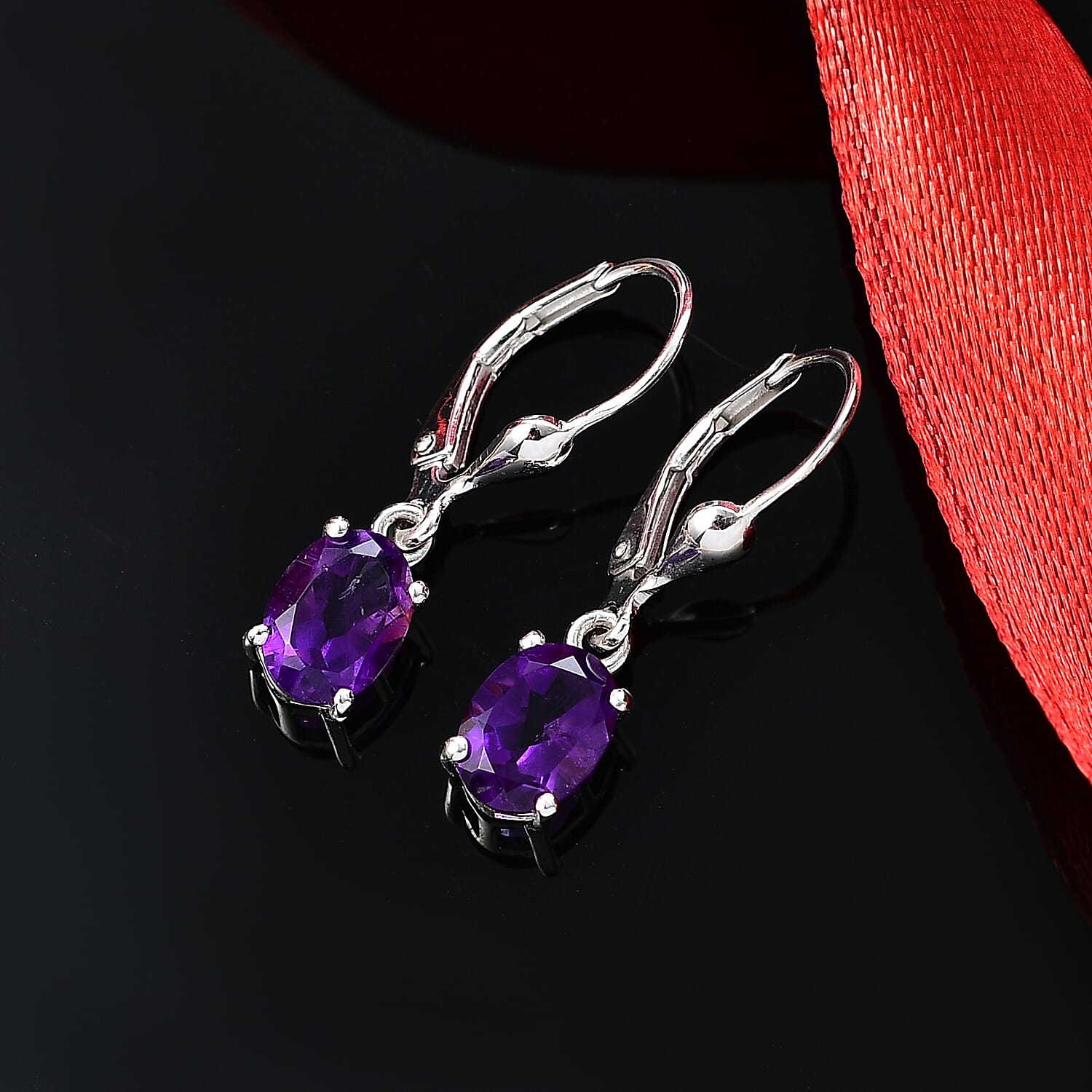 AAA African Amethyst Solitaire Lever Back Earring in Rhodium Overlay Sterling Silver 2.24 Ct.