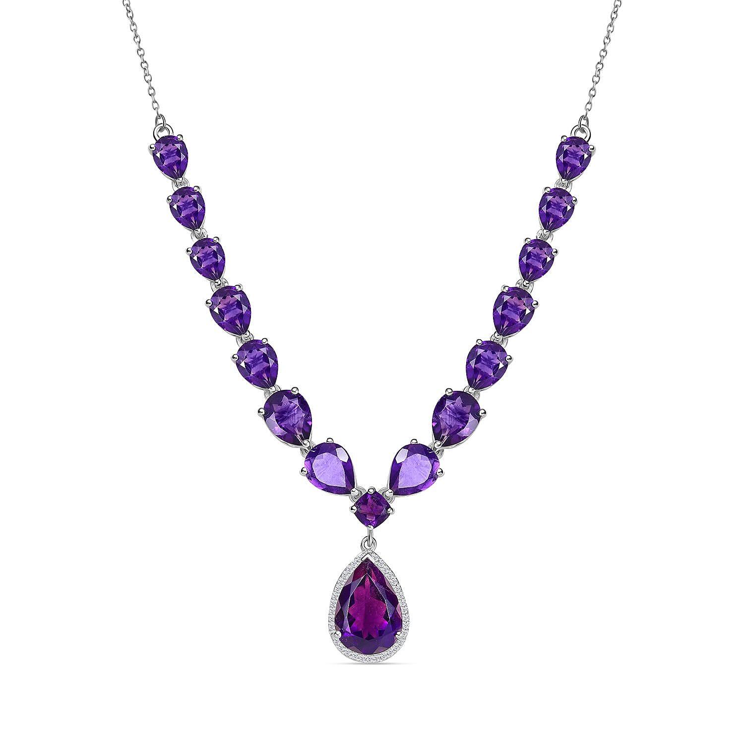AAA African Amethyst & White Zircon Cluster Necklace (Size - 20) with Lobster Clasp in Rhodium Overlay Sterling Silver 20.30 Ct, Silver Wt. 8.00 Gms.