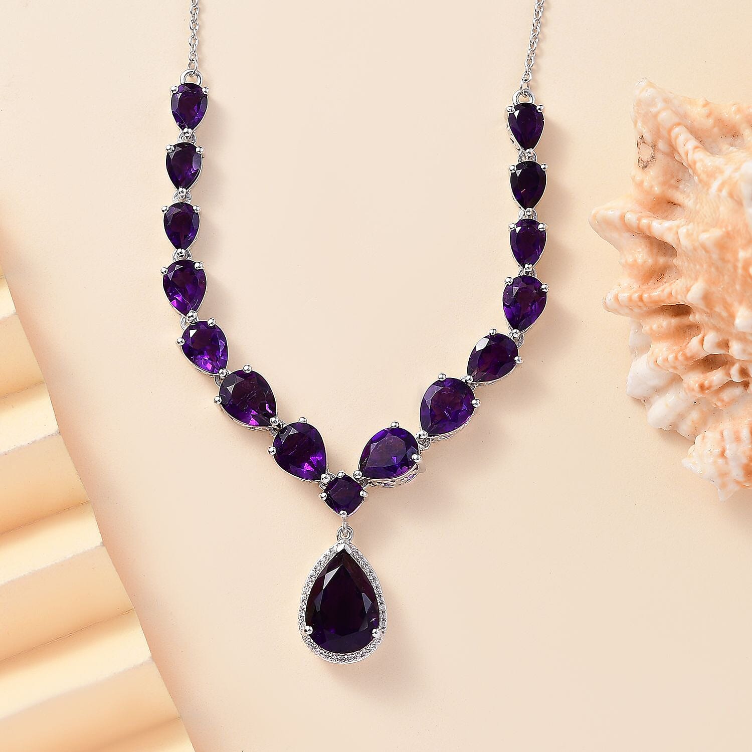 AAA African Amethyst & White Zircon Cluster Necklace (Size - 20) with Lobster Clasp in Rhodium Overlay Sterling Silver 20.30 Ct, Silver Wt. 8.00 Gms.