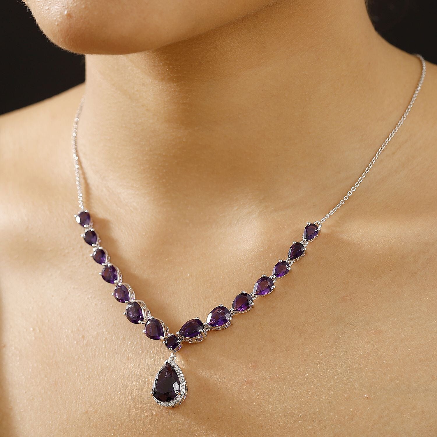 AAA African Amethyst & White Zircon Cluster Necklace (Size - 20) with Lobster Clasp in Rhodium Overlay Sterling Silver 20.30 Ct, Silver Wt. 8.00 Gms.
