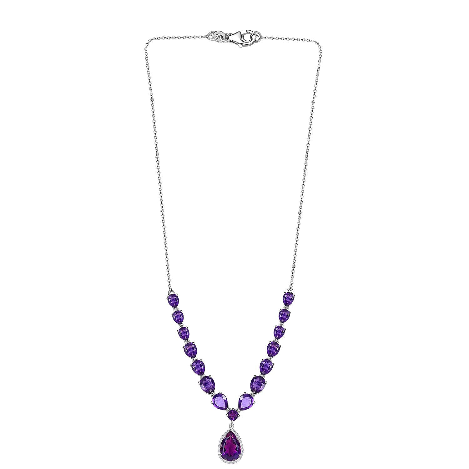 AAA African Amethyst & White Zircon Cluster Necklace (Size - 20) with Lobster Clasp in Rhodium Overlay Sterling Silver 20.30 Ct, Silver Wt. 8.00 Gms.