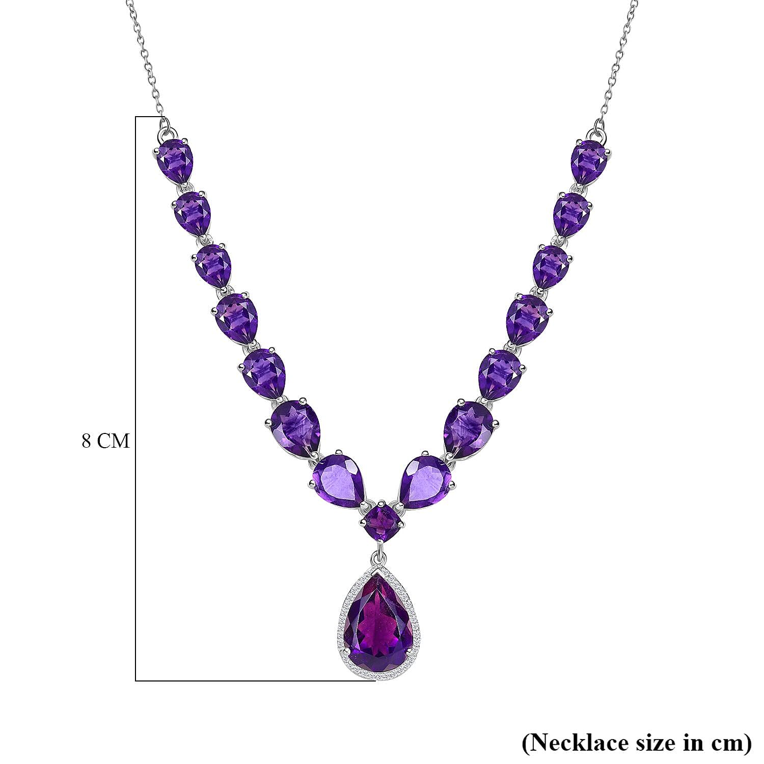 AAA African Amethyst & White Zircon Cluster Necklace (Size - 20) with Lobster Clasp in Rhodium Overlay Sterling Silver 20.30 Ct, Silver Wt. 8.00 Gms.