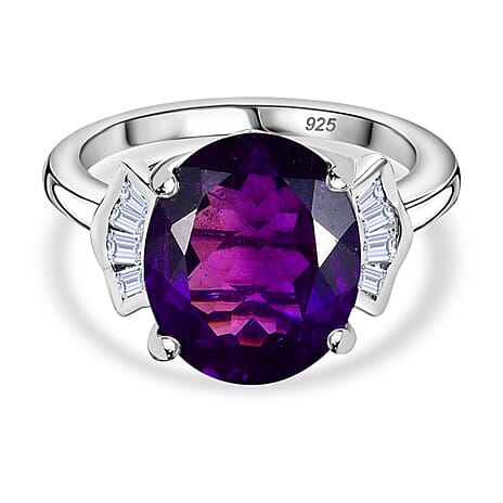 AAA African Amethyst & Moissanite Ring in Rhodium Overlay Sterling Silver 4.54 Ct.