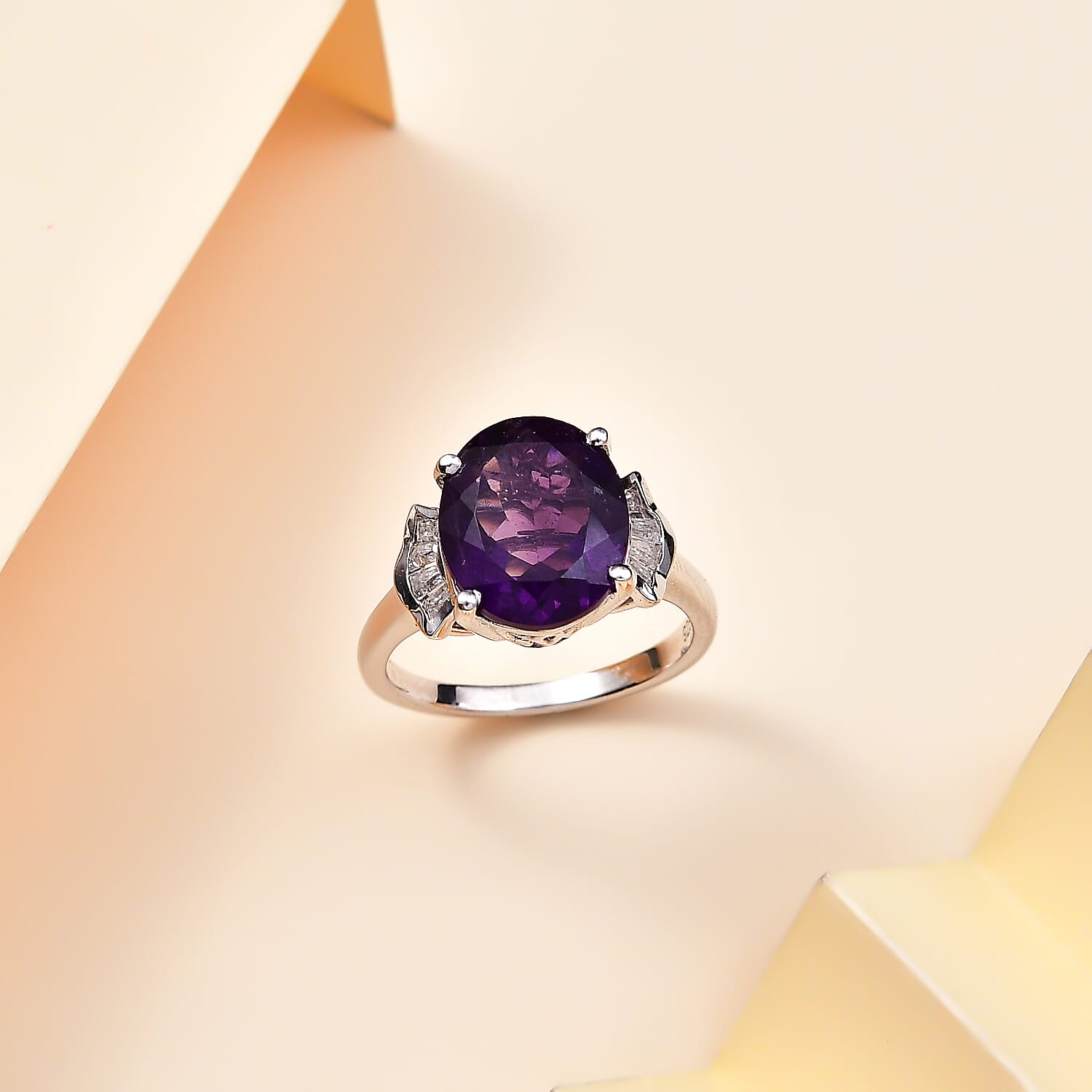 AAA African Amethyst & Moissanite Ring in Rhodium Overlay Sterling Silver 4.54 Ct.