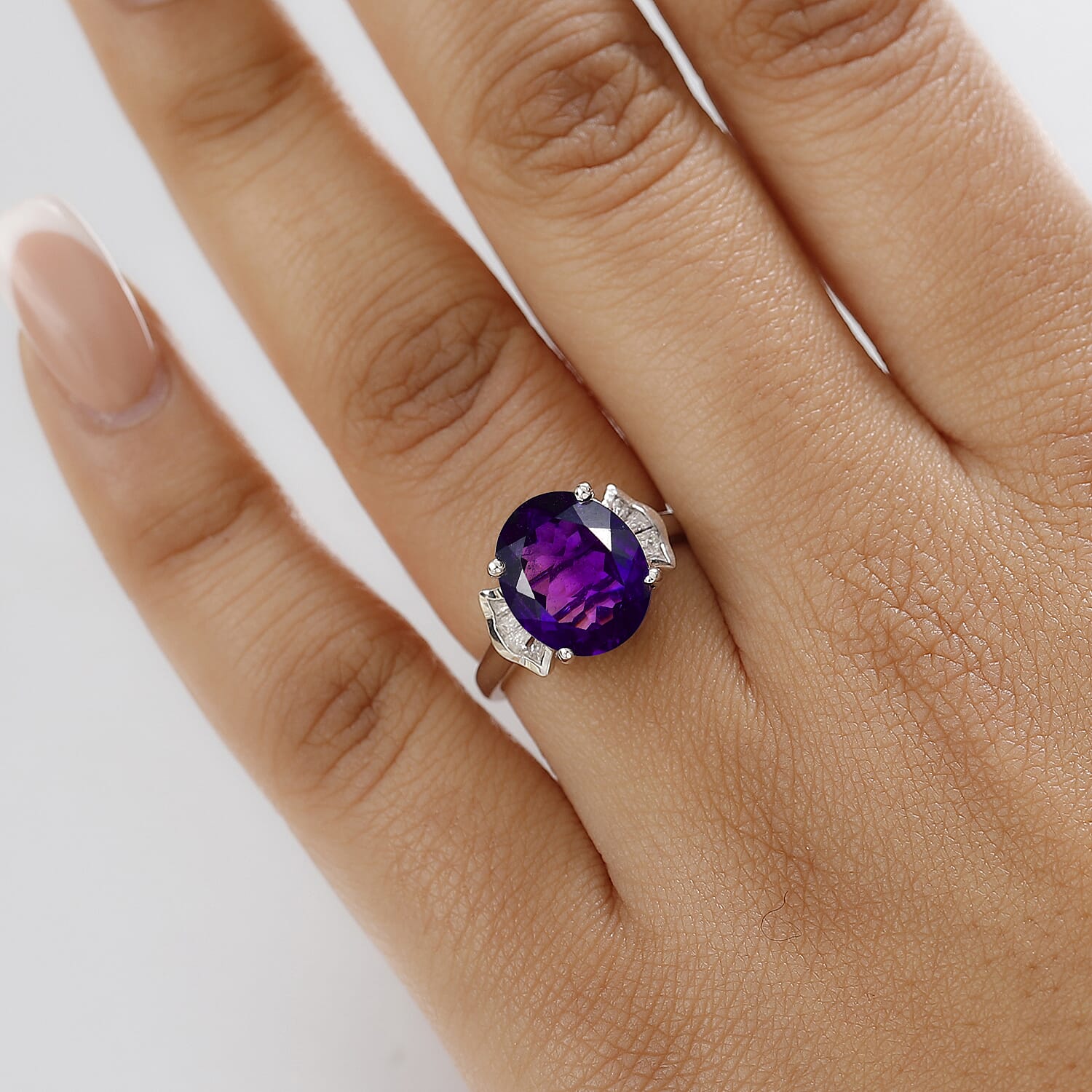 AAA African Amethyst & Moissanite Ring in Rhodium Overlay Sterling Silver 4.54 Ct.