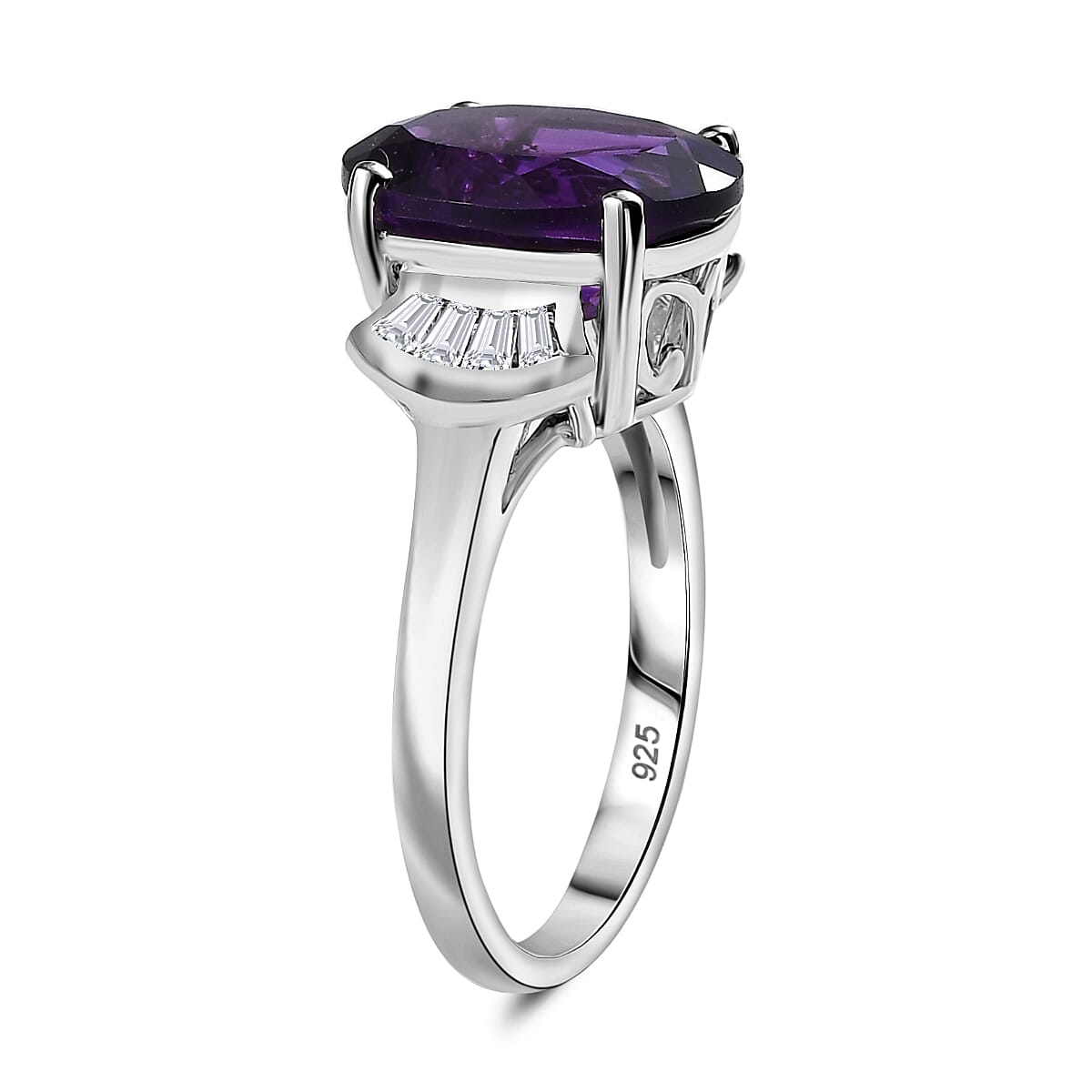 AAA African Amethyst & Moissanite Ring in Rhodium Overlay Sterling Silver 4.54 Ct.