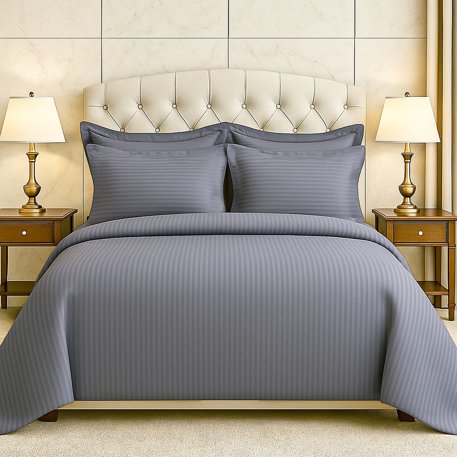 Homesmart Satin Vertical Stripe 6-Piece Double Bedding Set (incl. Duvet Cover, Fitted Sheet, 4 Pillowcases)