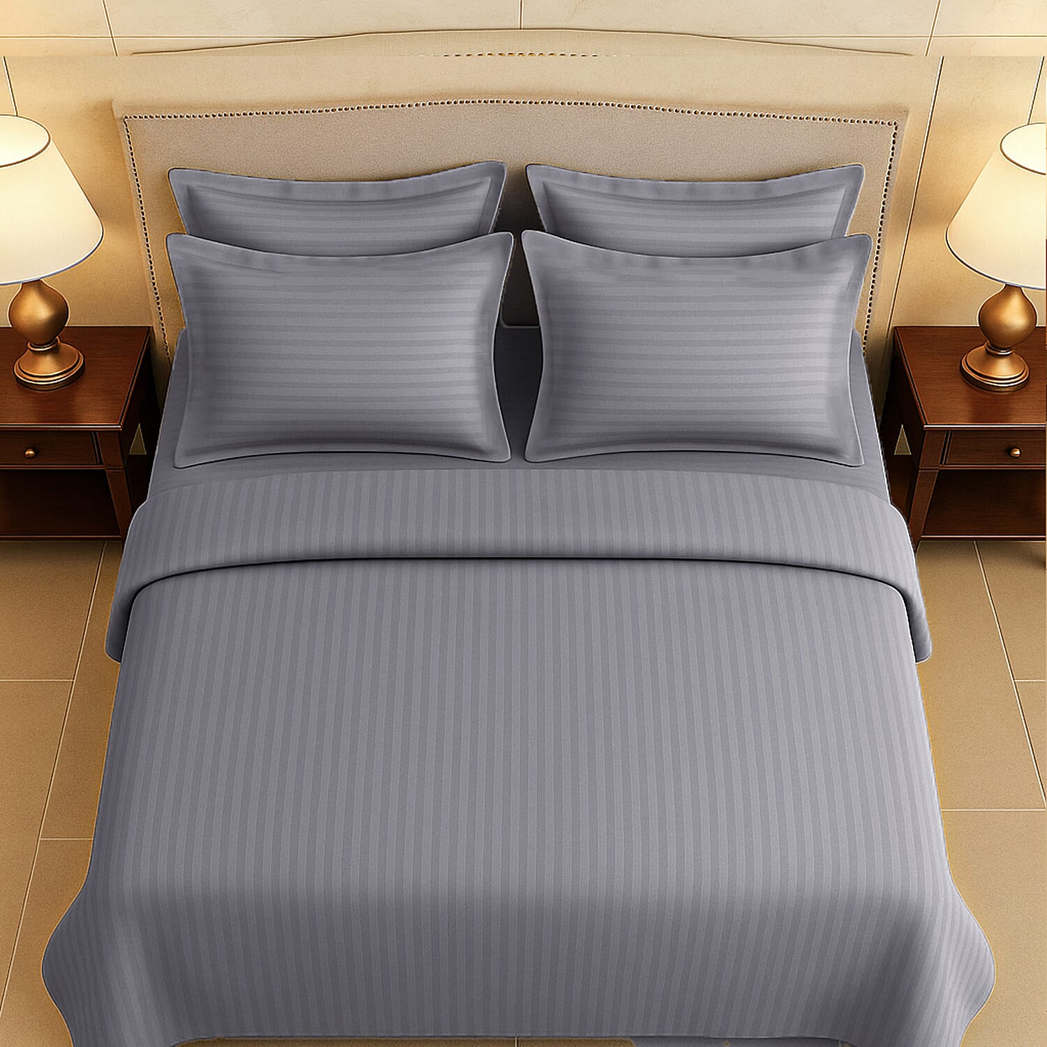 Homesmart Satin Vertical Stripe 6-Piece Double Bedding Set (incl. Duvet Cover, Fitted Sheet, 4 Pillowcases)