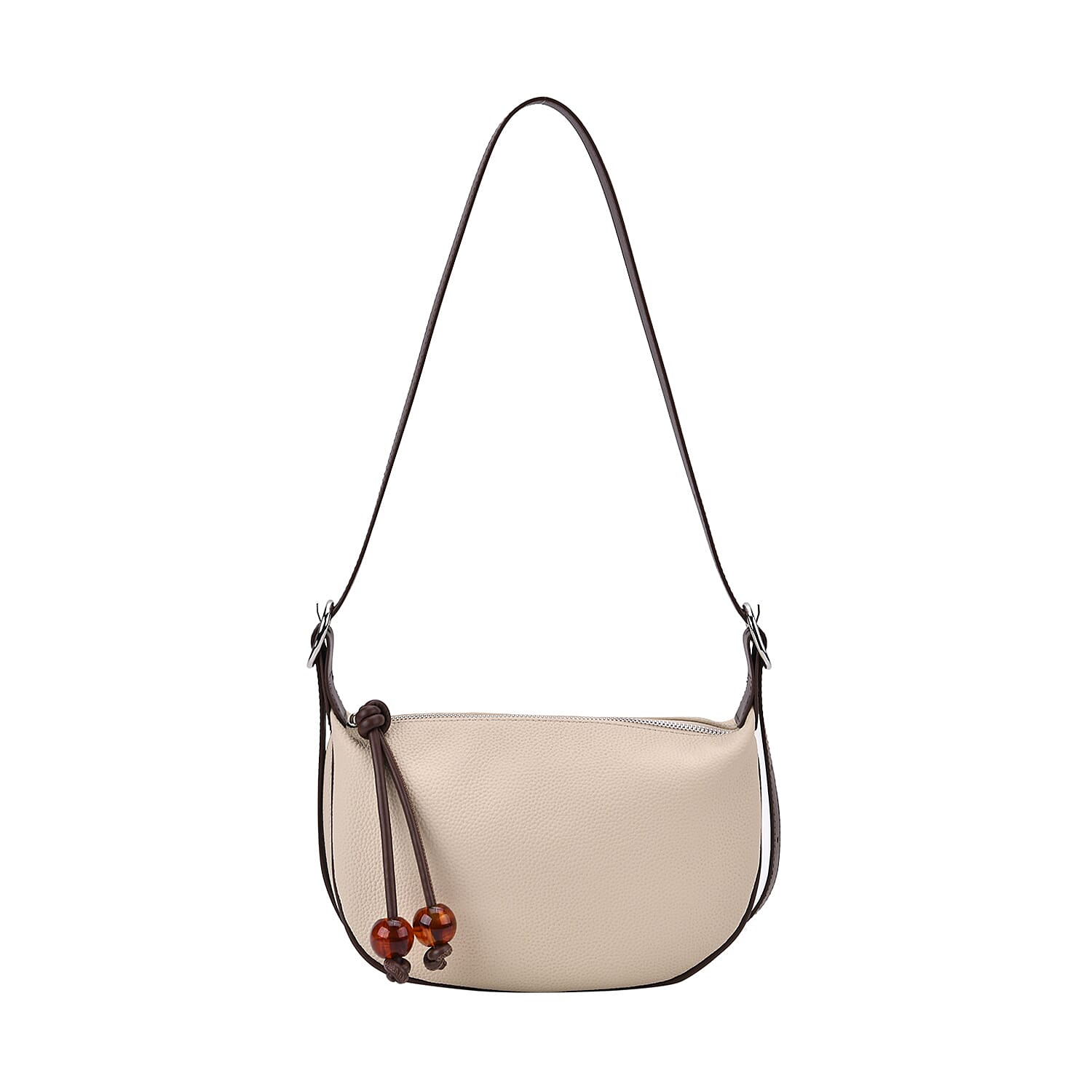 Elegant Genuine Leather Curved Shoulder Bag with Adjustable Strap - Off White
