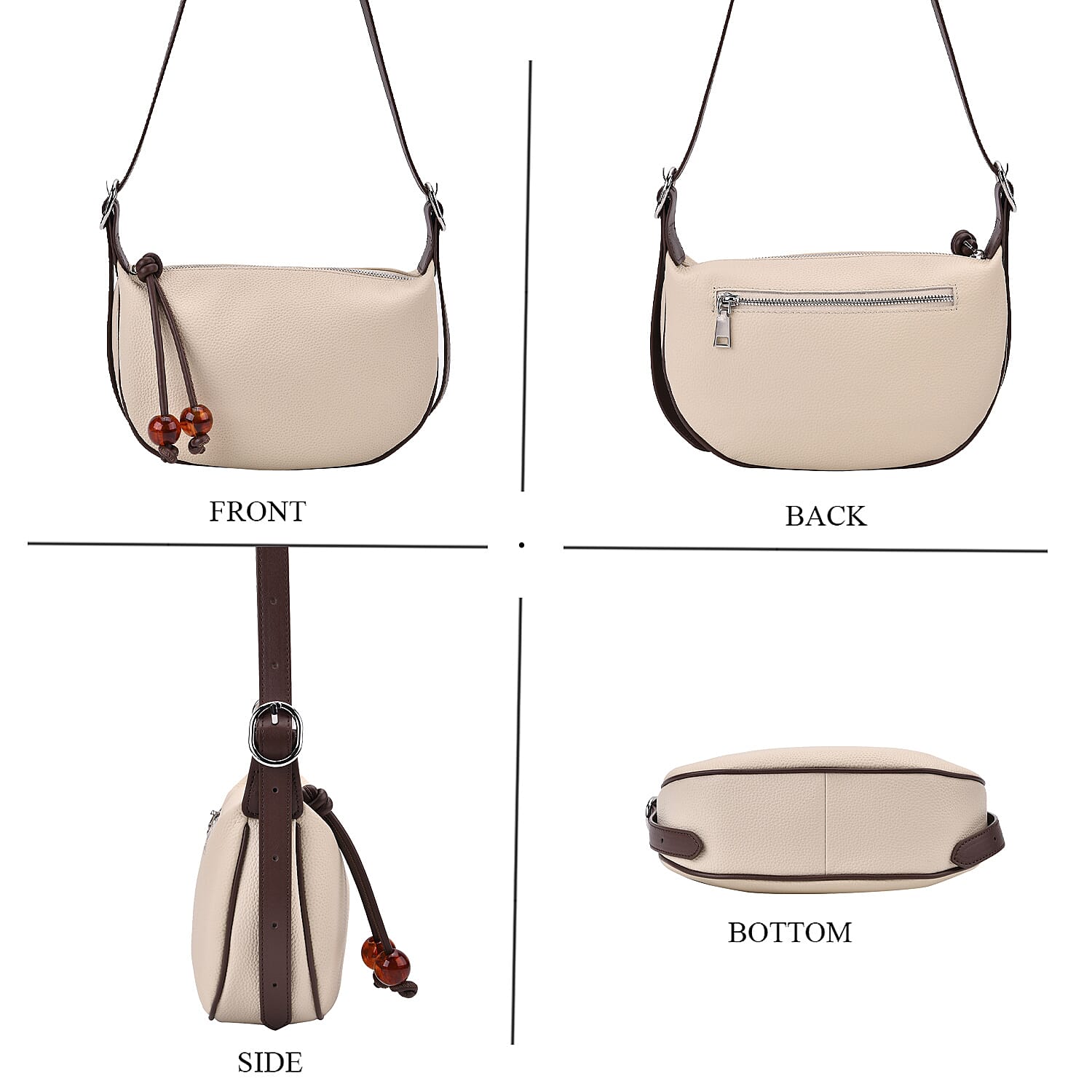 Elegant Genuine Leather Curved Shoulder Bag with Adjustable Strap - Off White