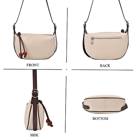 Elegant Genuine Leather Curved Shoulder Bag with Adjustable Strap - Off White