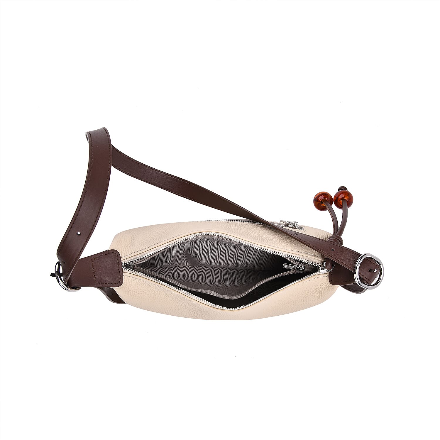 Elegant Genuine Leather Curved Shoulder Bag with Adjustable Strap - Off White