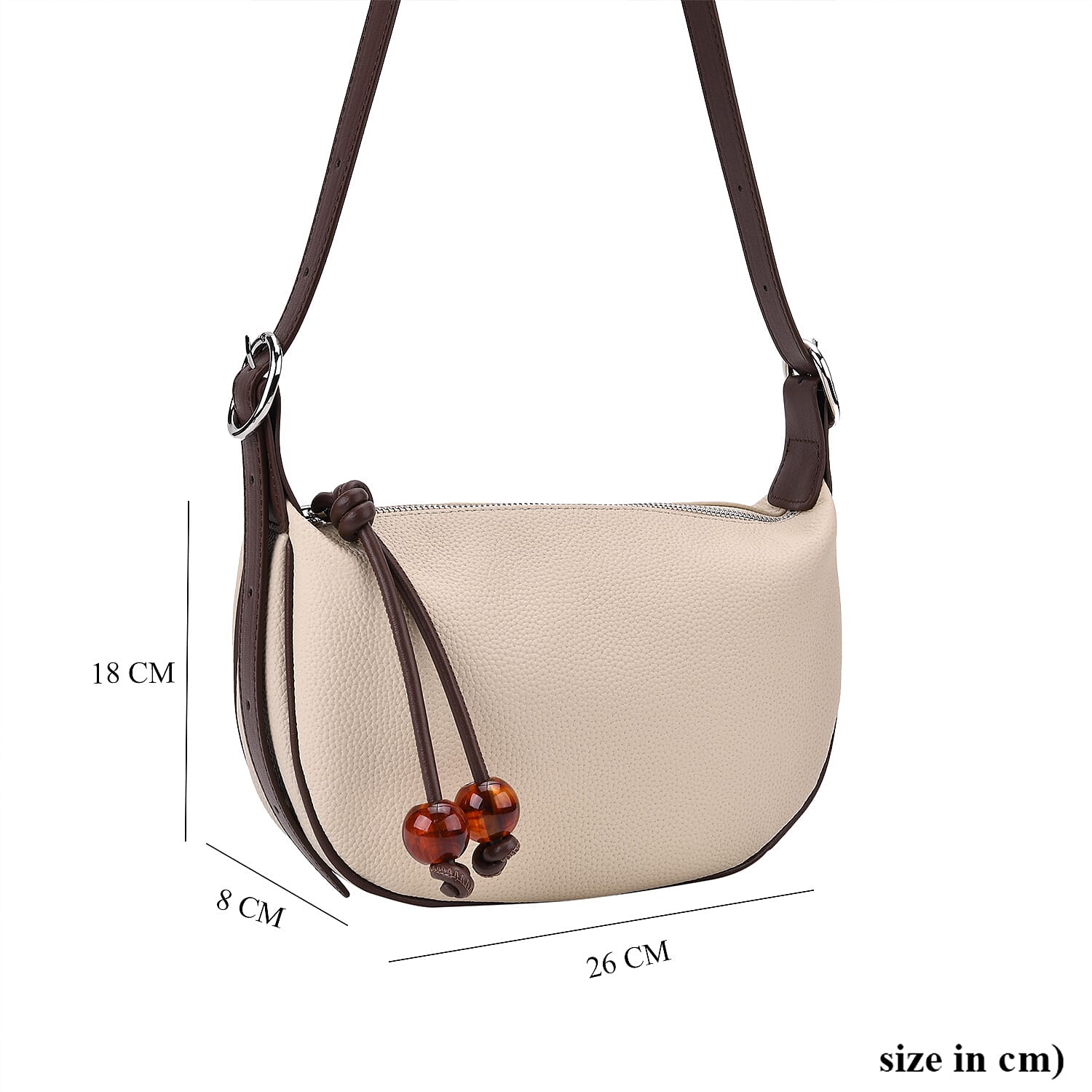 Elegant Genuine Leather Curved Shoulder Bag with Adjustable Strap - Off White