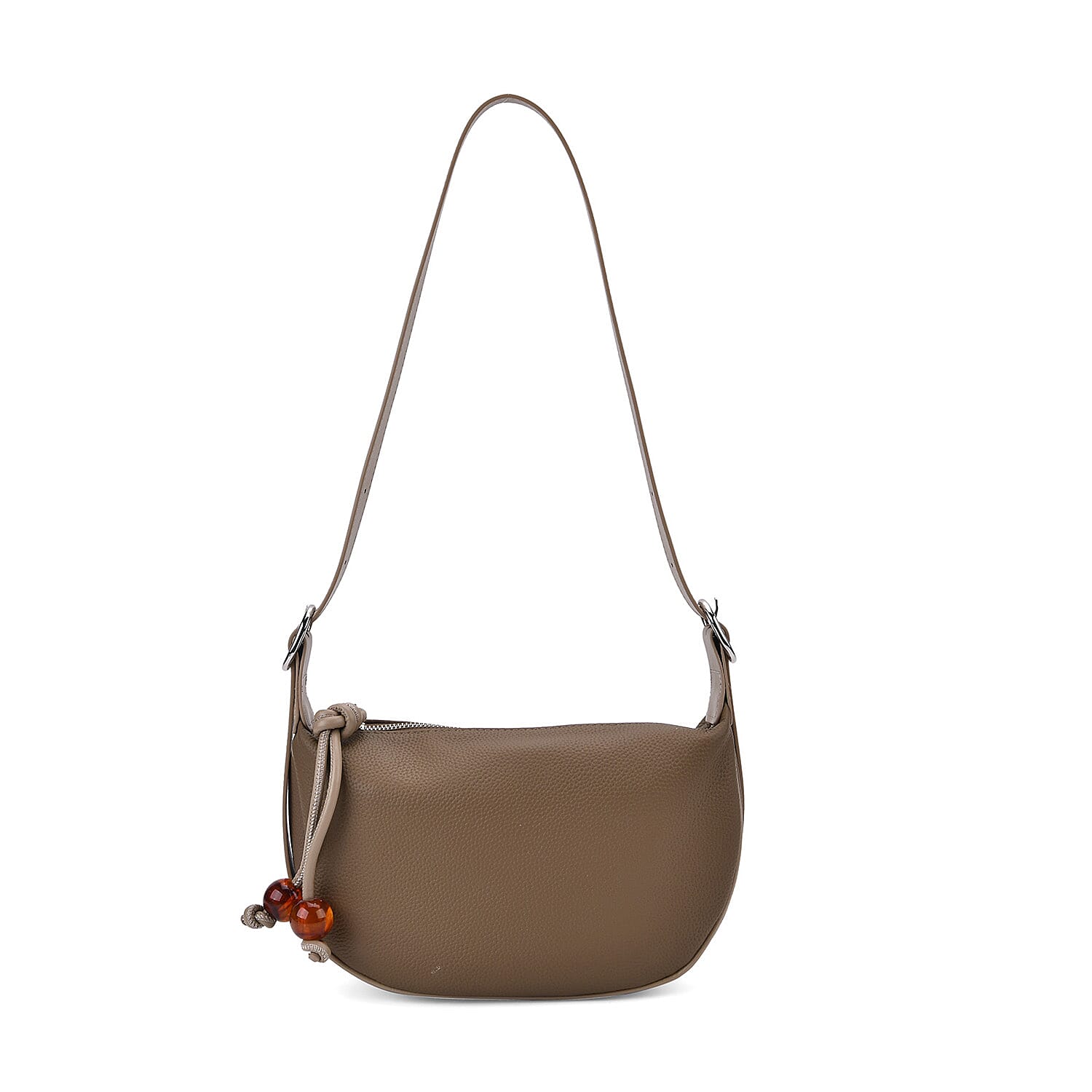 Elegant Genuine Leather Curved Shoulder Bag with Adjustable Strap - Brown