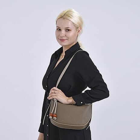 Elegant Genuine Leather Curved Shoulder Bag with Adjustable Strap - Brown