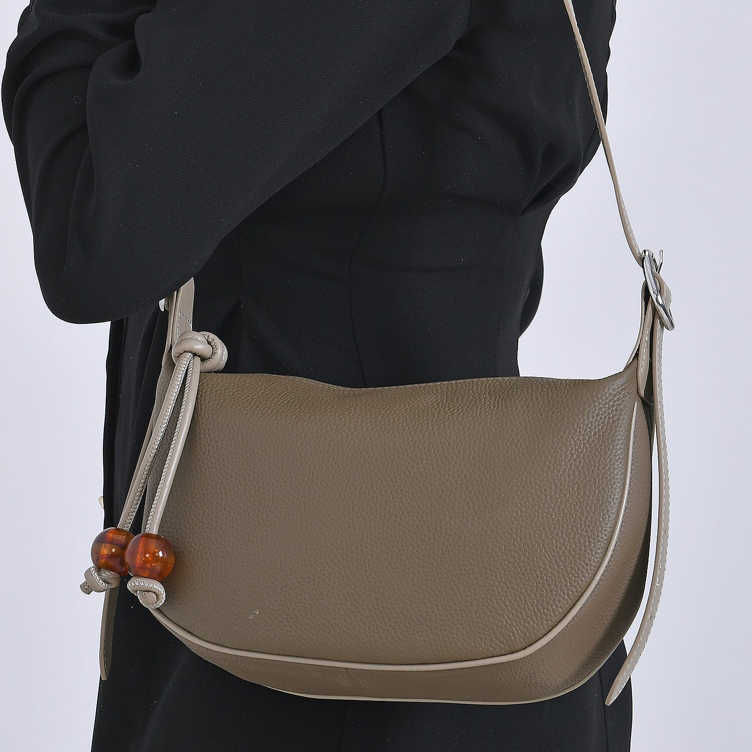 Elegant Genuine Leather Curved Shoulder Bag with Adjustable Strap - Brown
