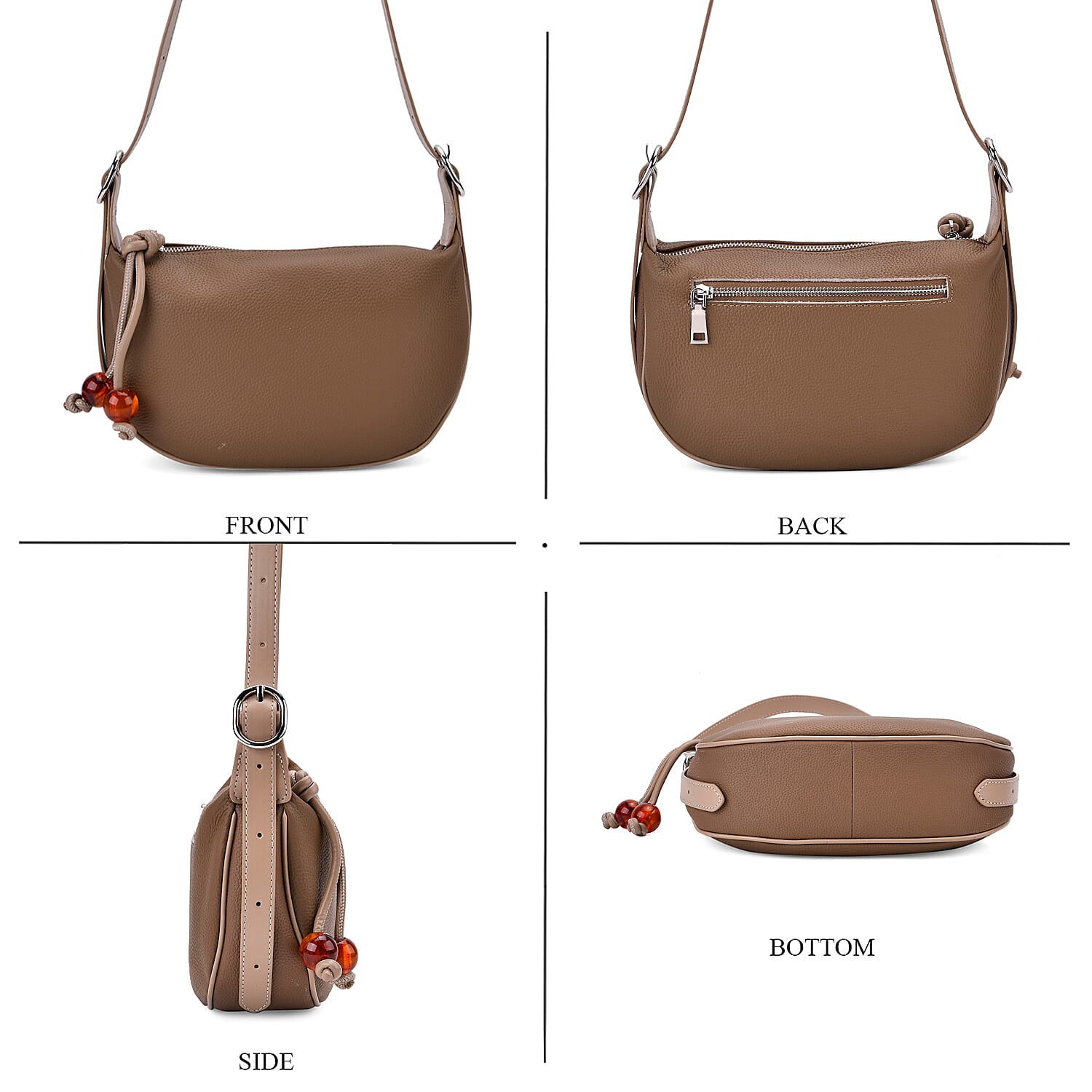 Elegant Genuine Leather Curved Shoulder Bag with Adjustable Strap - Brown