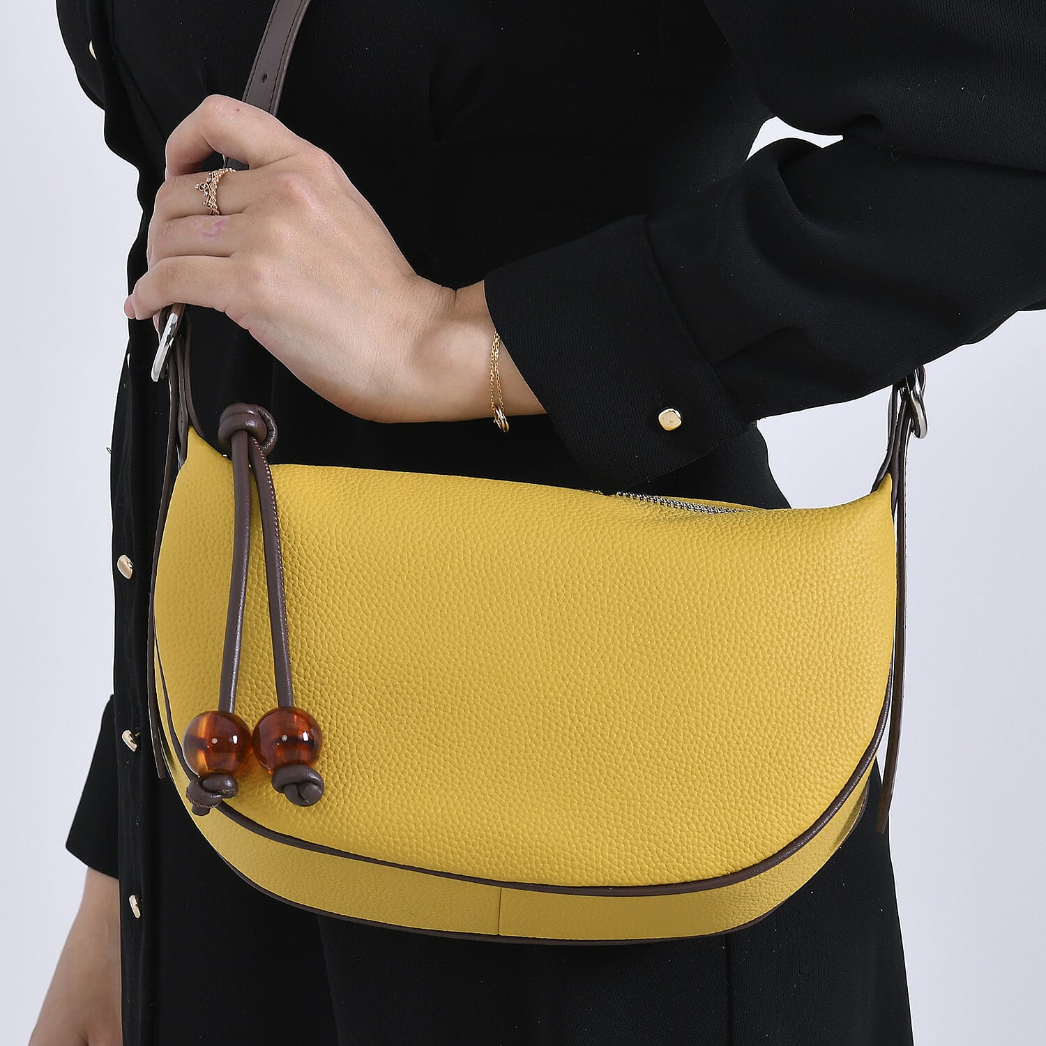 Elegant Genuine Leather Curved Shoulder Bag with Adjustable Strap - Yellow