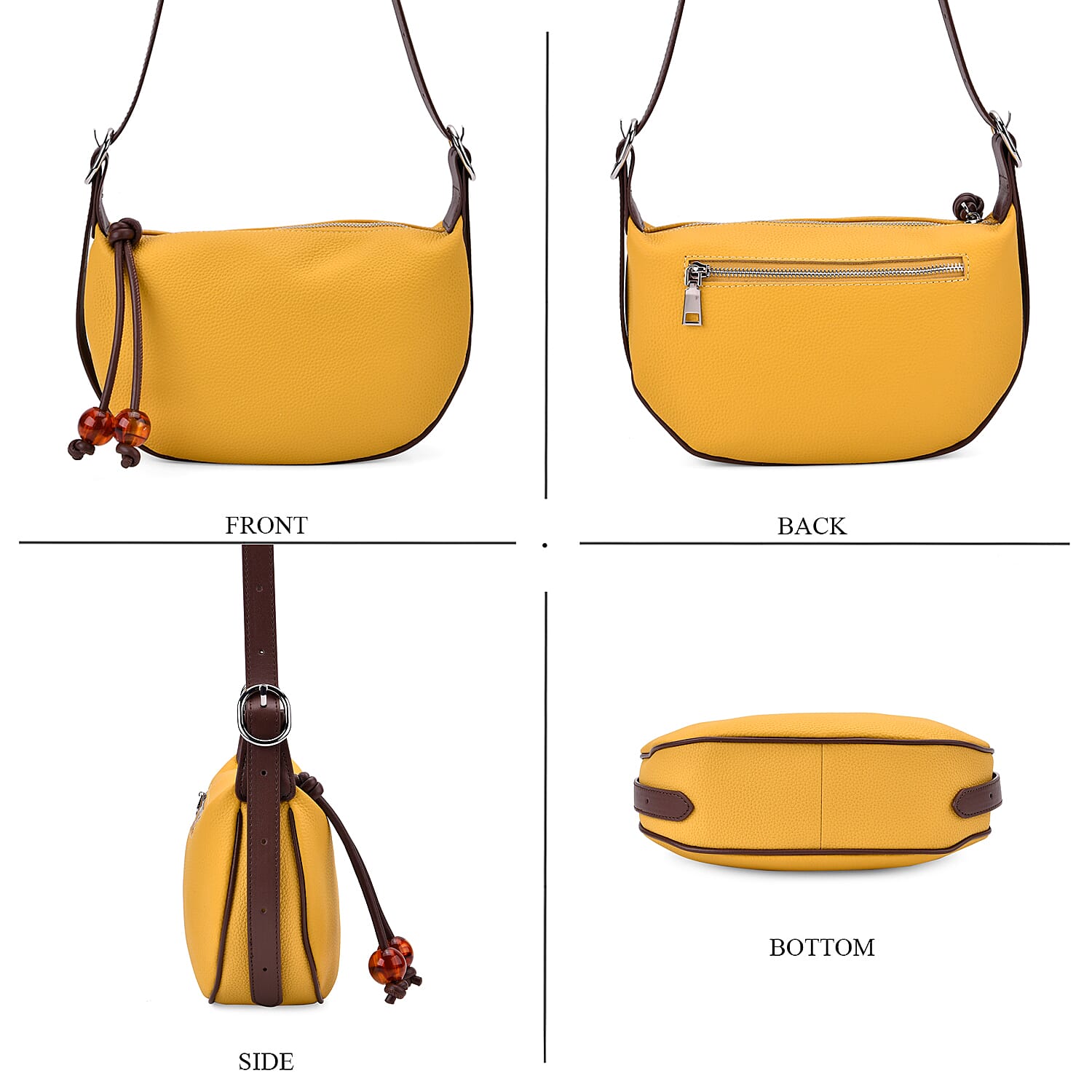 Elegant Genuine Leather Curved Shoulder Bag with Adjustable Strap - Yellow