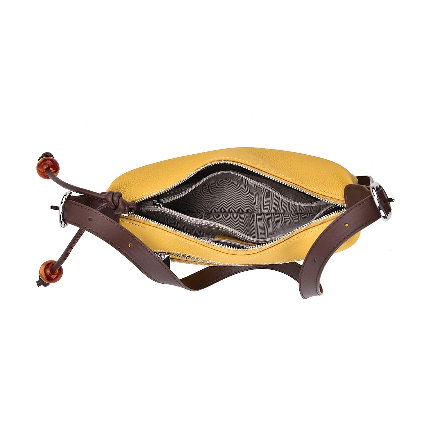 Elegant Genuine Leather Curved Shoulder Bag with Adjustable Strap - Yellow