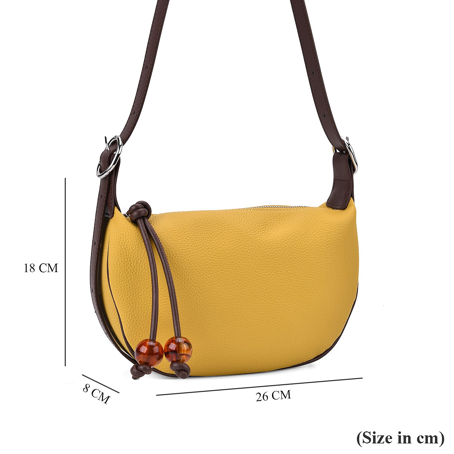 Elegant Genuine Leather Curved Shoulder Bag with Adjustable Strap - Yellow