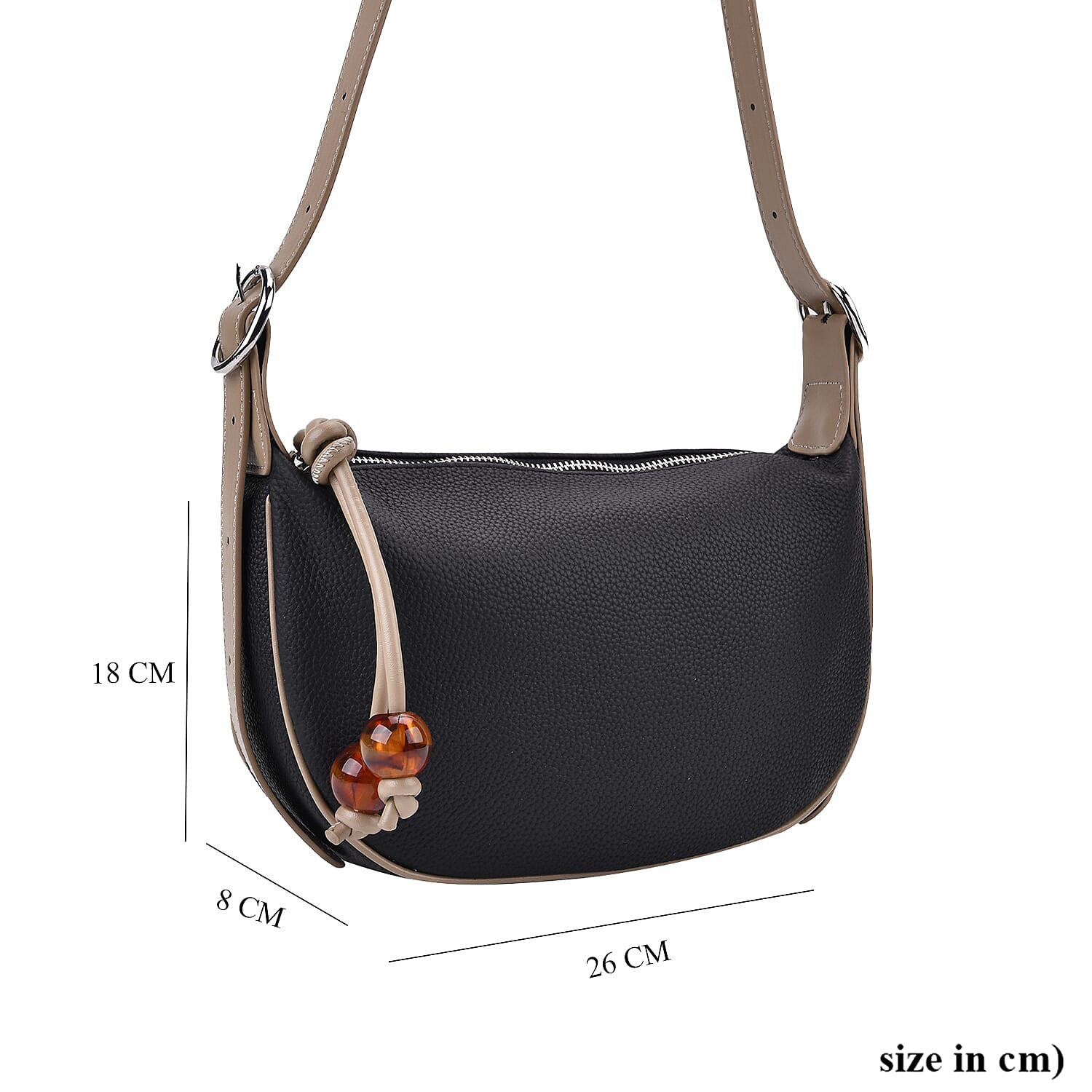 Elegant Genuine Leather Curved Shoulder Bag with Adjustable Strap - Black